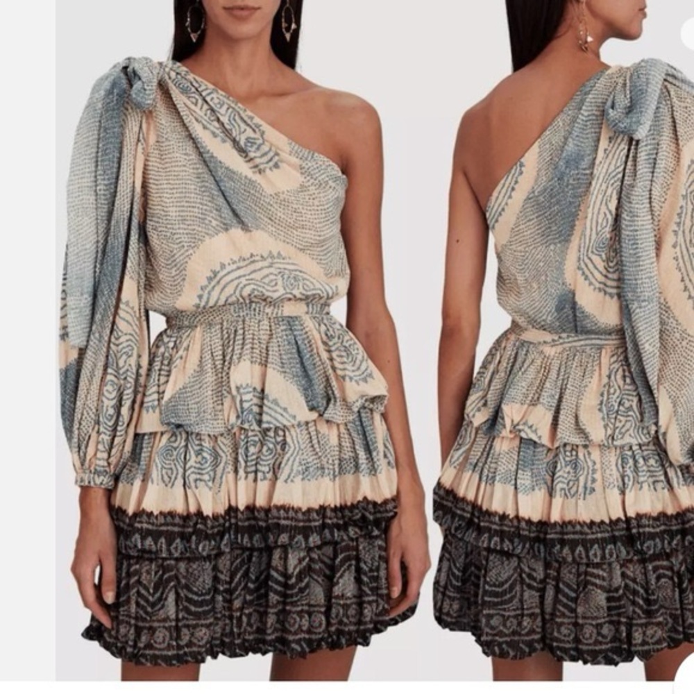 Ulla Johnson One-Shoulder Cream and Blue Printed Tiered Mini Dress